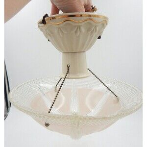 Art Deco Semi Flush Pink Glass Ceiling Light 3 Chain Fixture Porcelain Mount 10"